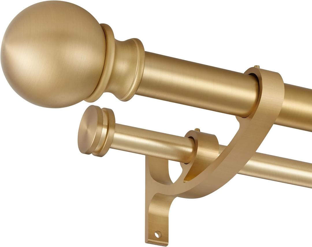 Lwiiom Double Curtain Rods with Aluminum Bouquet Brackets and Round Finials, Warm Gold Curtain Rods for Windows 48 to 86 inch, 1-Inches Front and 5/ 8 Inches Back Double Window Drapery Rod