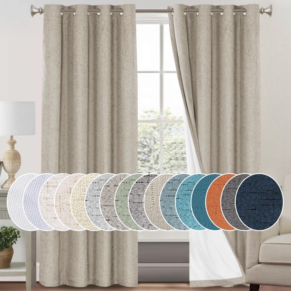 PrinceDeco 100% Blackout Curtains for Bedroom Linen Textured Curtain Panels 84 inches Long Energy Smart & Noise Reducing Blackout Drapes for Living Room Burlap Fabric with White Liner(2 Panels, Stone)