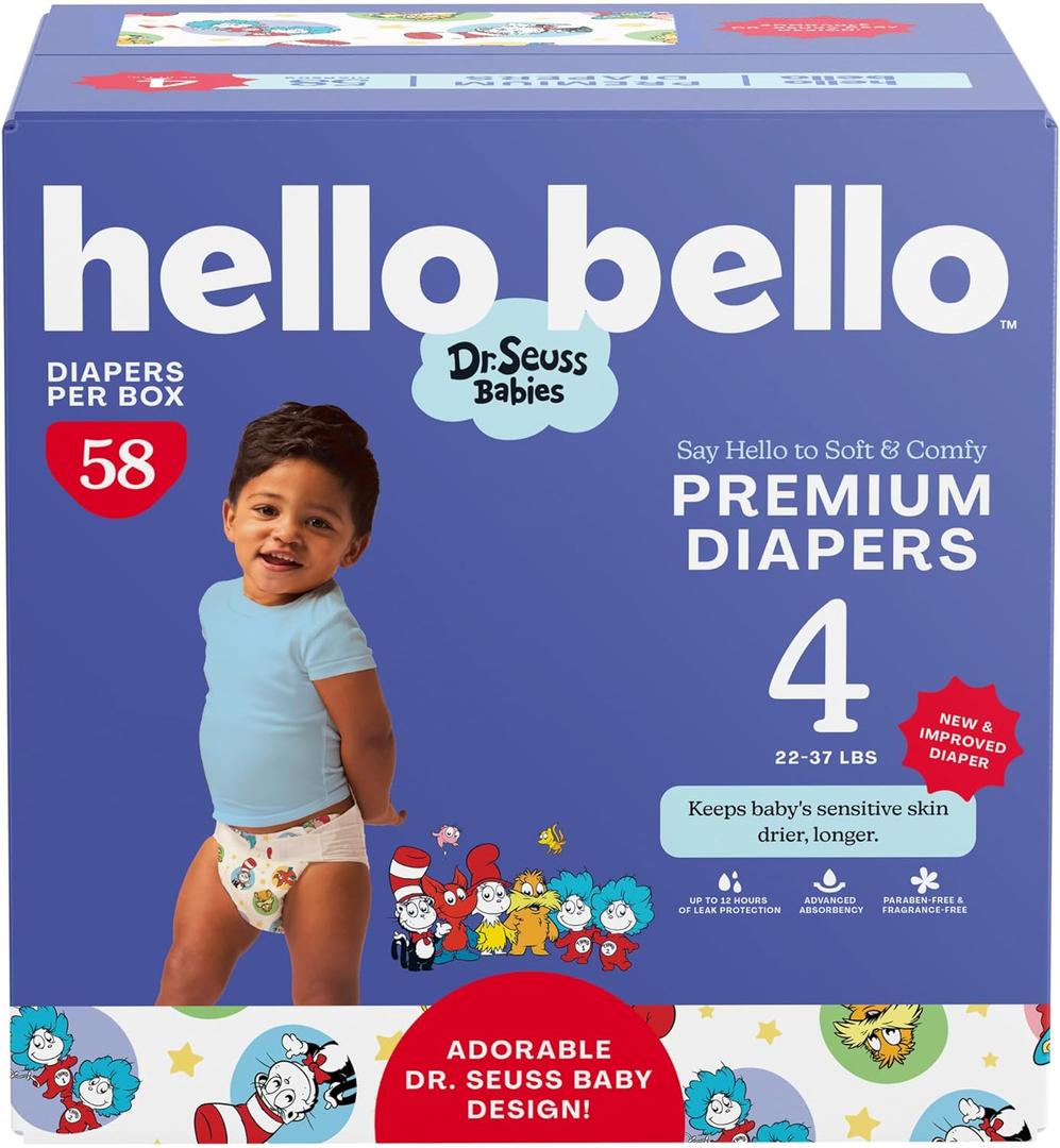 Hello Bello Dr. Seuss Babies Premium Diapers, Size 4, 58 Count: Softness & Protection for Sensitive Skin