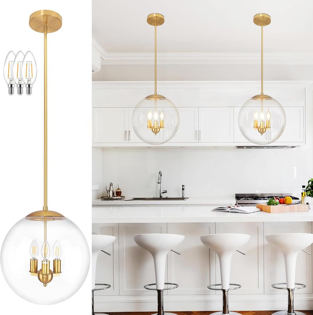 13.7" Globe Pendant Light Contemporary Globe Pendant Lights Kitchen Island 3 Light Gold Mid Century Pendant Light Clear Glass with Brass Finish Adjustable Hanging Light Fixture for Dining Room