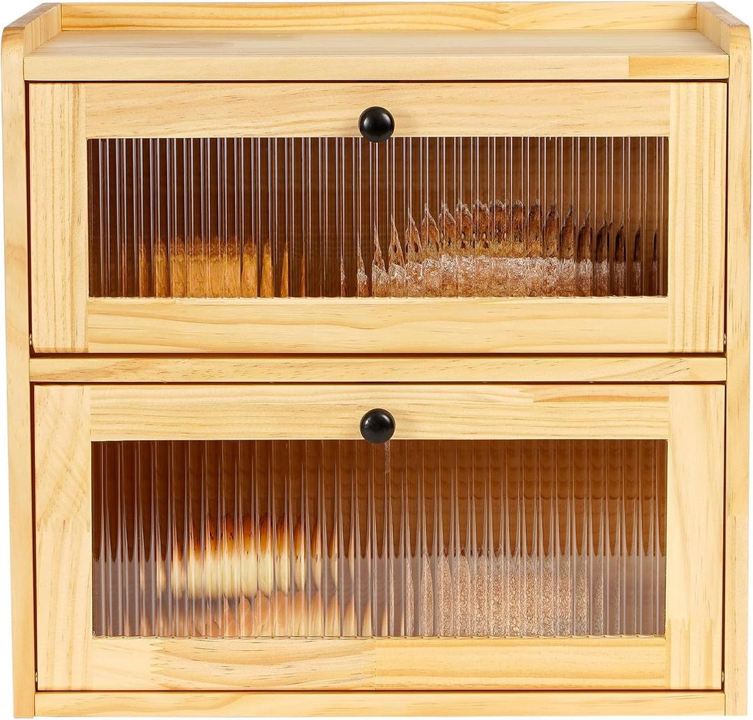 Sunhoo Bread Box for Kitchen Countertop Wooden Bread Storage Container Bin 2 Layer Breadbox Holder Large Capacity Keeper Vintage Farmhouse Food Organizer Pantry Shelf Acrylic WindowWood color (Yellow)