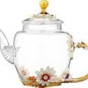 Glass Teapot -300 ml (10 oz), Flower Decoration Heat Resistant Glass Teapot Kettle with Golden Leaf Edge Color Floral Pattern Retro Teapot Tea Party Set (Pink)