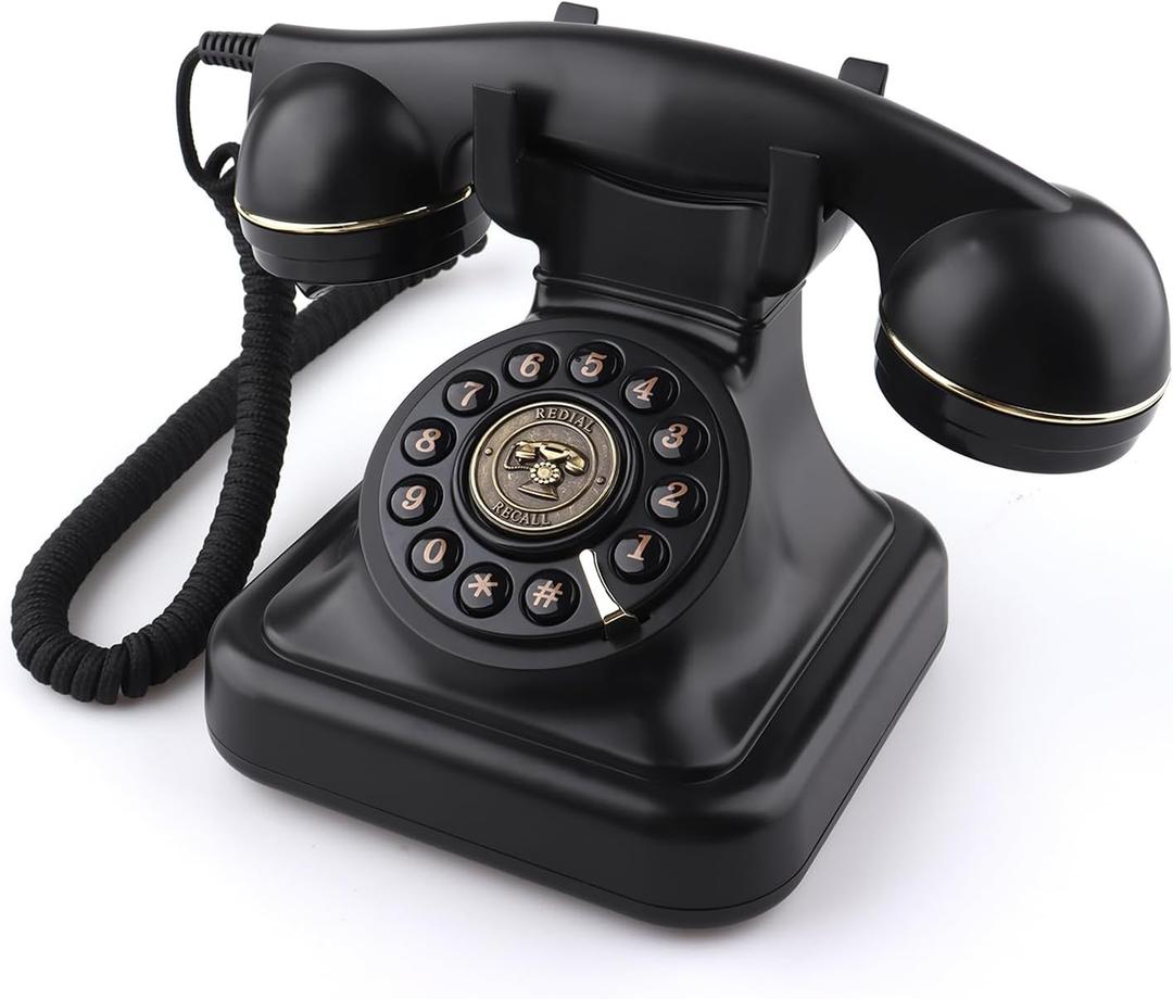 Old Fashioned Landline Phones with Classic Metal Bell, 1960s Vintage Corded Dial Phone Classic Old Fashion Telephones Wired Desk Telephone for Office and Home, Black