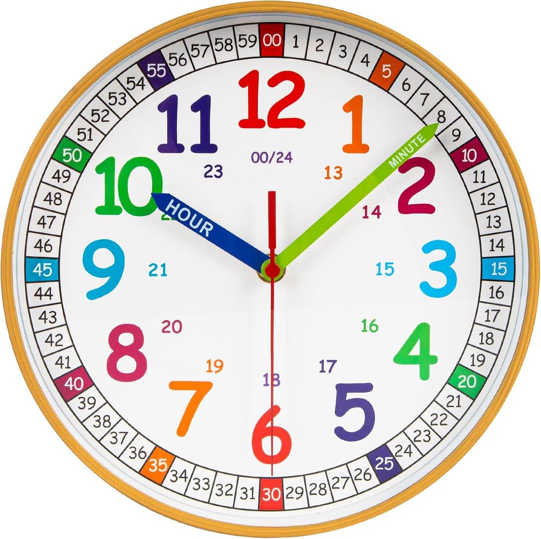 Silent Kids Wall Clock,Telling Time Teaching Clock for Kids, 10 Inch Non-Ticking Battery Operated Colorful Clock for Kids Room,Play Room,School Classroom. (Wood Grain, 10 Inch)