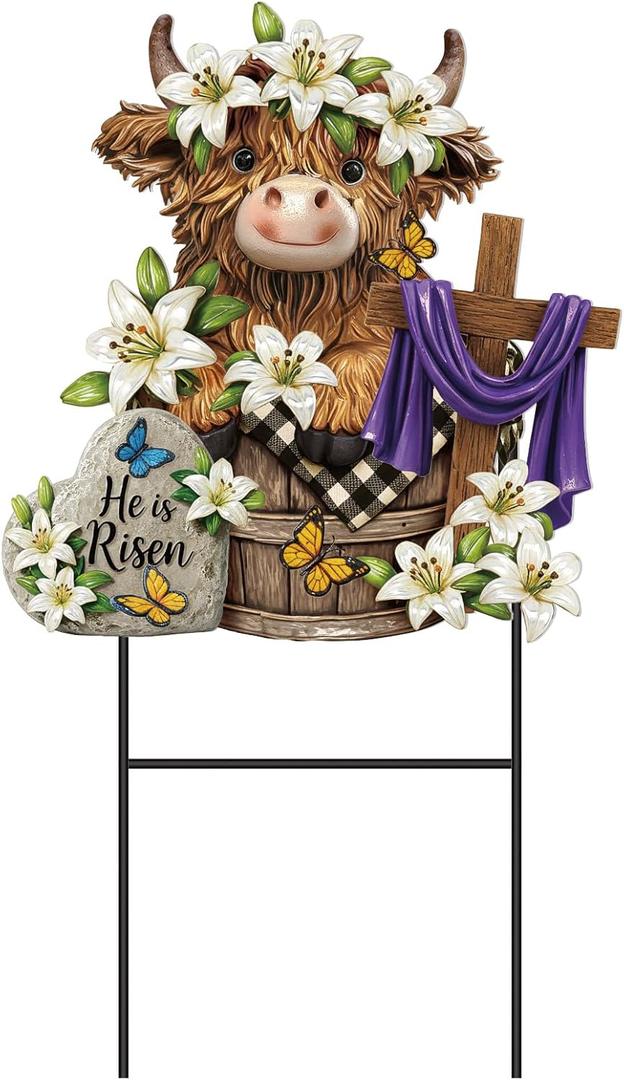 Amyhill Easter Outdoor Decor Highland Cow Metal Garden Stakes Decorative He is Risen Highland Cow Yard Signs with Stakes Cattle Lily Yard Sign for Easter Christian Holiday Garden Lawn Decor