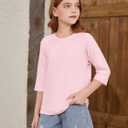 ZDC Girls Casual 3/4 Sleeve T Shirts Kids Cute Crewneck Tops Basic Tees Blouse for 5-14 Years (Pink)