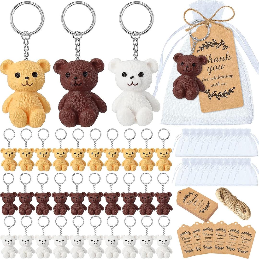 Roowest 36 Set Bear Party Favors Mini Bear Keychains with Organza Bags Thank You Tags for Birthday Party Return Favors Supplies Thank You Gifts