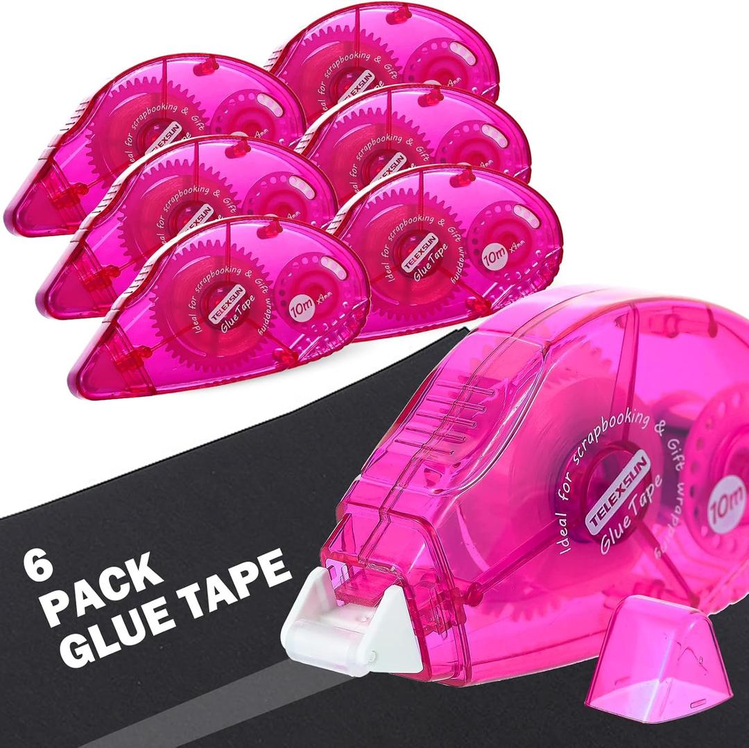 Double Sided Tape Roller, 0.3Inch x 33Ft Adhesive Tape Scrapbooking Supplies, Permanent Adhesive Tape Dispenser Runner Glue Roller, Transparent Tape for Gift DIY Crafts Art Project - 6 Packs, Rose Red