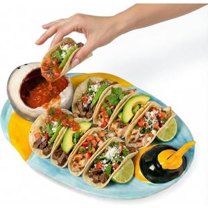 Ceramic Bee Shark Taco Holder, Bee Shark Sushi Plates, Funny Handmade Kitchen Salad Plates with Dipping Sauce Bowl, Microwave/Oven/Dishwasher Safe Plate, Holiday Birthday Gifts for Sharks Party Lovers (1 Pack, Blue Yellow)