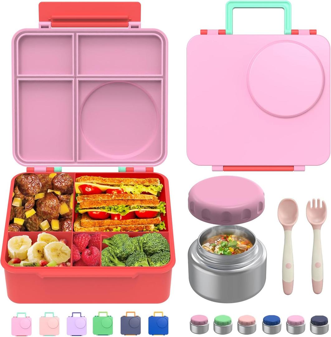 Bento Box for Kids - Leak-Proof Bento Lunch Box with Insulated Thermos Food Jar - 4 Compartments, 1 Removable Divider, 1Spoon, 1 Fork - Dishwasher Safe, BPA-Free (Pink)