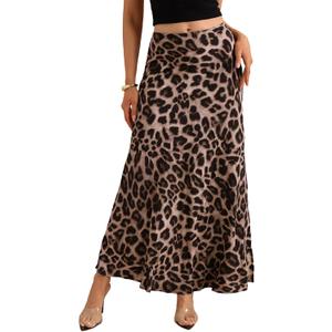 Women's Leopard Print Maxi Skirt High Elastic Waist Loose Flowy Elegant Skirts (L)