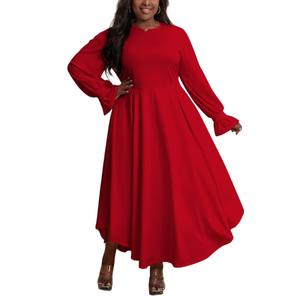 XNMHL Plus Size Church Dresses for Curvy Women Formal Empire Puff Sleeve African Attire Flowy Hem Outfits (Red, XL)