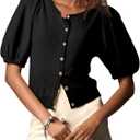 Saodimallsu Womens Puff Short Sleeve Cardigan Lightweight Summer Button Down Shirts Knit Crew Neck Sweater Tops (Large, Black)
