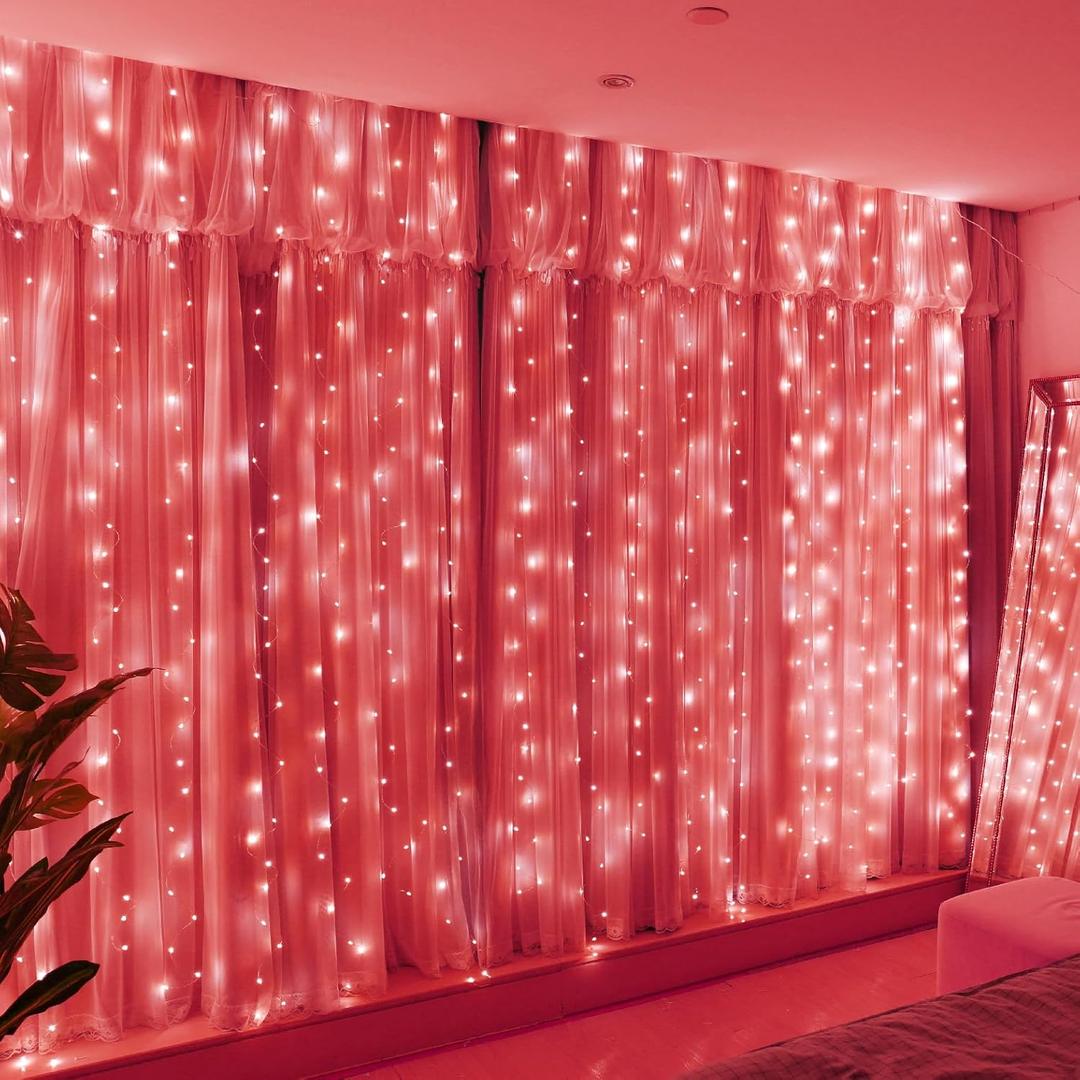 HXWEIYE 300LED Fairy Curtain Lights, 9.8x9.8Ft USB Plug-in 8 Modes Christmas String Hanging Lights with Remote for Bedroom Backdrop Wedding Party Indoor Wall Decor, Red, Standard