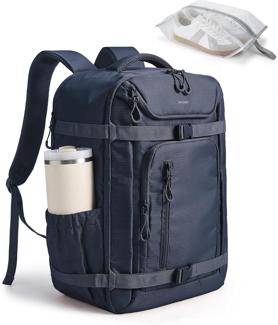 BAGSMART 35L Travel Backpack for Women & Men Fits 17-Inch Laptop, Airline Approved Carry On Backpack with Wet Pocket & Shoe Pouch, Water-Resistant Personal Item Travel Bag, Navy Blue
