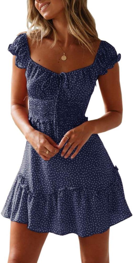 Valphsio Womens Smocked Dress Ruffle Floral Tie Front Boho Short Dresses (X-Large, Navy)