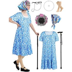 SOMSOC 7 Pieces Women Old Lady Costume with Dress Wig Headscarf Glasses Stockings Cane for Halloween, 100 Days of School