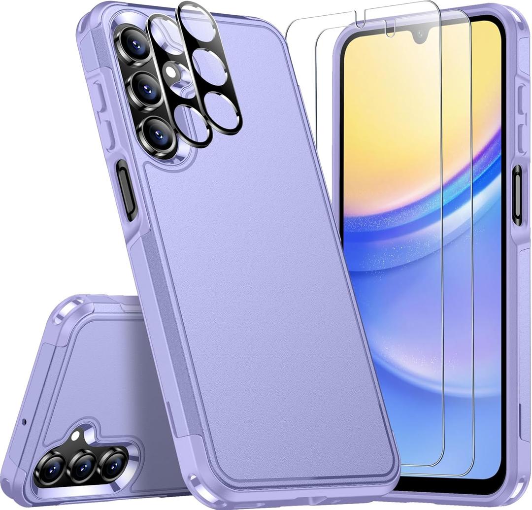 SPIDERCASE for Samsung Galaxy A15 5G Case,[12 FT Military Grade Drop Protection] 2 Pack [Glass Screen Protector + Camera Lens Protector] Heavy Duty Shockproof Case for Samsung A15 5G,Purple
