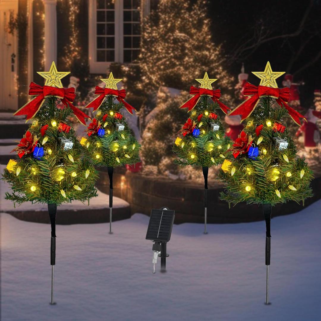 Solar Christmas Tree Pathway Lights Outdoor, Set of 4 Solar Christmas Tree Stake Lights, 80 Outdoor LEDs Xmas Decor, Christmas Decor DIY Xmas Tree Gift (Warm White)