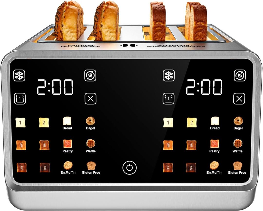 4 Slice Toaster Wide Slot Dual Digital TouchScreen & Independent Control Panel | Single-Slot Tech Timer/Reheat/Defrost for Bagels Bread | 1800W Stainless Steel 6 Toast Types & Shade Settings