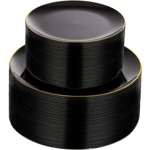 KIRE 100PCS Black and Gold Plates - Black Plastic Plates Disposable with Gold Rim for Party/Wedding/Graduation Include 50Pcs 10.25inch for Dinner and 50Pcs 7.5inch for Dessert/Salad