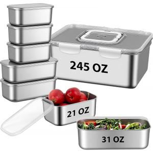8 PCS Large Stainless Steel Food Storage Containers with Lids, 3 Sizes Meal Prep Containers Set for Vegetables, Fruits, Snacks, Roasting Chicken, Lasagna, BPA Free and Oven Safe (245oz, 31oz, 21oz)