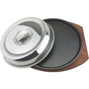 Skillet with Cast Iron Round - Small Cast Iron Skillet Sizzling Plate Fajita Plate Sizzling Pan for Easy Serving Cleaning, BBQ Included Wood Base