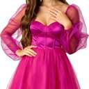 Women Sweetheart Neck Puffy Sleeve A-line Dress Built in Bra Tulle Satin Prom Ball Gown Party Dress (Pink, M)