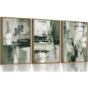 myusuar 3 Piece Large Modern Abstract Canvas Framed Wall Art For Living Room, Sage Green Minimalist Wall Art Decor Posters Prints For Bedroom Office, 16x24in