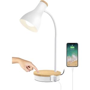 LALISU Metal Desk Lamp Wireless Charging Table Lamp Touch Reading Lights Arc Desk Lamps for Bedroom, 3 Way Dimmable Bedside Lamp with USB Charging Ports Lamp for Study Room and Office (Touch-White)