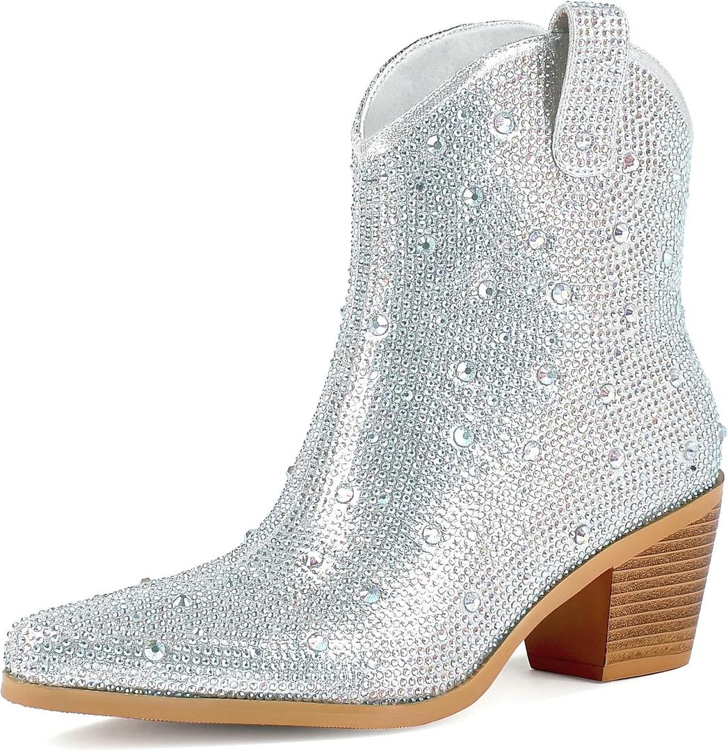 FIFSY Women Rhinestone Cowboy Boots Glitter Chunky Heel Sparkly Cowgirl Ankle Boots, Size US 8