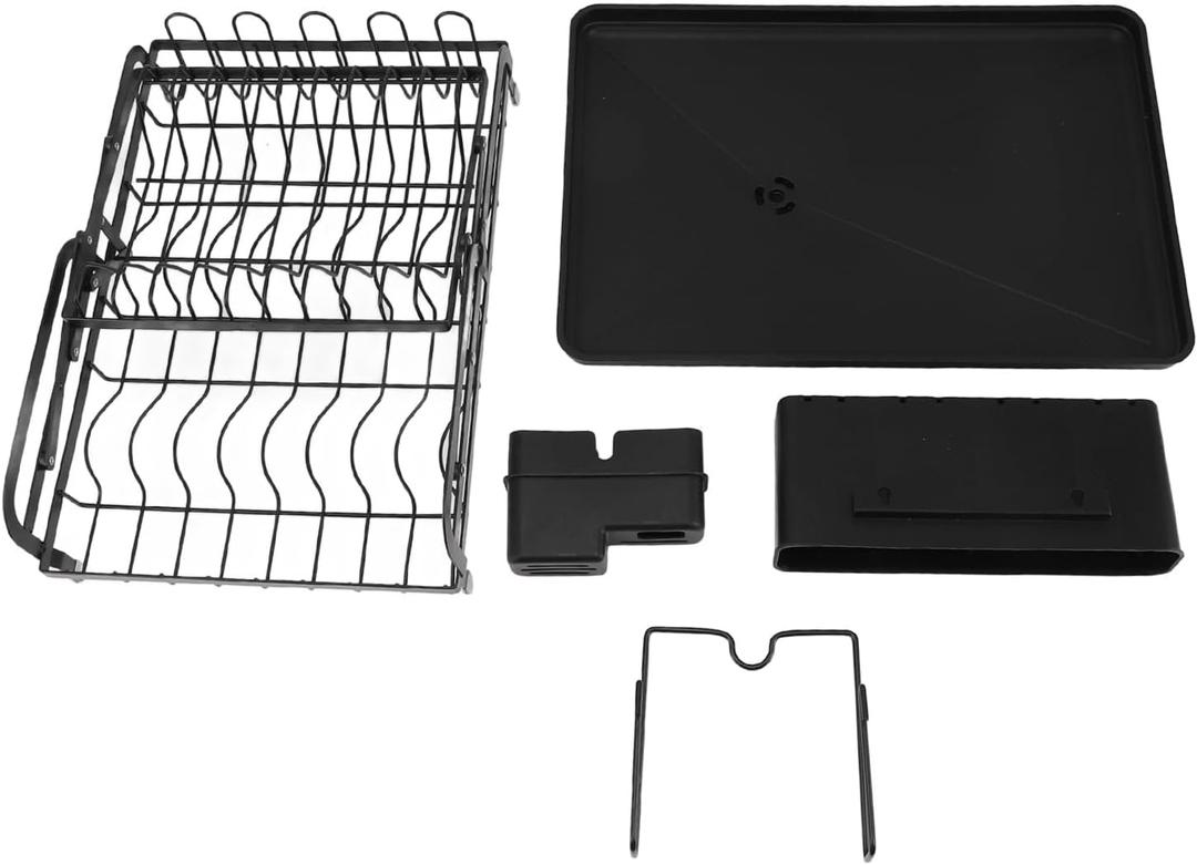 Folding Dish Drying Rack, 2 Tier Multipurpose Storage Rack with Drainage Function, Easy Installation for Kitchen Countertop, Iron Material, Space Saving Design (Black)
