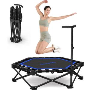 HXD-ERGO 42'' Foldable Mini Trampoline, Rebounder Trampoline with Adjustable Foam Handle, Fitness Trampoline for Indoor, Outdoor, Home Gym, Max Load 460lbs (Blue)