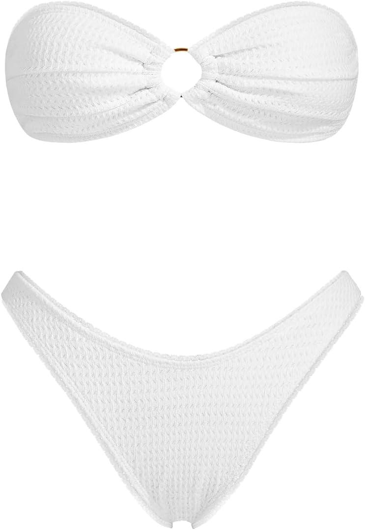 VOLAFA Triangle Bikini Set for Women O Ring Strapless Tie Back Swimsuit Bandeau Textured Two Piece Bathing Suit (8, White Lace)