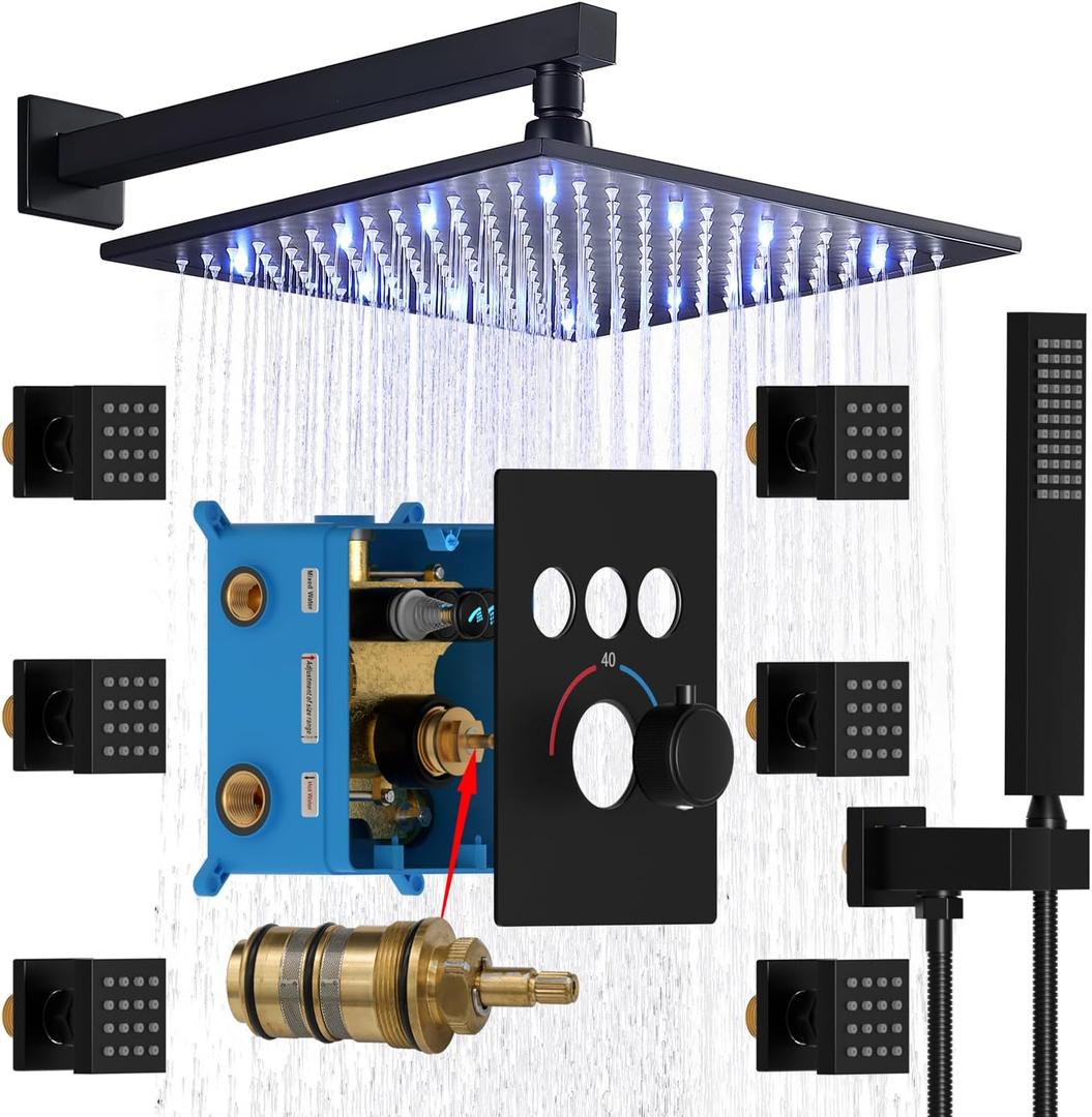 Enga Thermostatic Shower Jets System (Run All Features At Once), 12 Inch LED Rain Shower Wall Mounted with 6 Body Spray Jets and Handheld Shower, Contain Brass Thermostatic Shower Valve, Matte Black