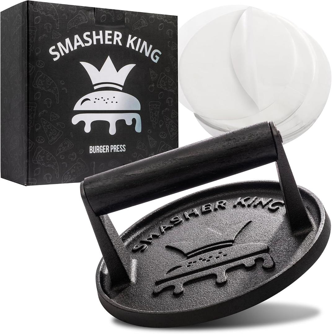SMASHER KING - Premium Cast Iron Smash Burger Press incl. 25 pcs of Patty Paper, Burger Smasher for Griddle with Black Wood Handle, Perfect Hamburger Press