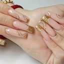 RUOKEXIN Long Press on Nails French Tip Coffin Fake Nails Gold Glitter Acrylic False Nails with Ripple Designs Glossy Artificial Nail Press ons Summer Glue on Nails Natural Stick on Nails for Women and black Nails,Set Of 2