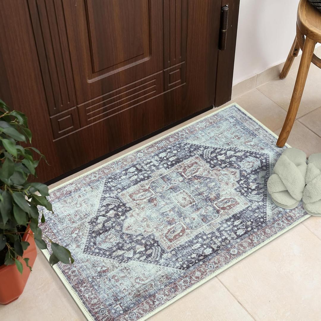 GLN Rugs Vintage Collection - Machine Washable Area Rug, Vintage Washable, Non Slip, Low Pile Rug, Living Room, Bedroom, Bathroom Rug - Easy Clean (2'x3' Brown and Gray)