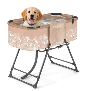 SereneLife Foldable Dog Bath Tub with Adjustable Height, 360° Access, Drain Hose & Storage Pockets – 130 lb Capacity Grooming Station for Indoor/Outdoor Use, Beige