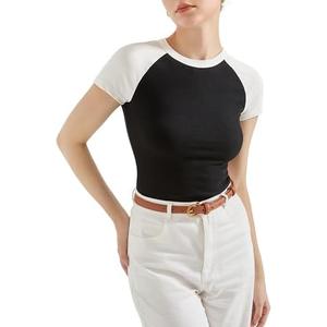 SUUKSESS Women Ribbed Short Sleeve Slim Fit Tops Summer Crew Neck Color Block Going Out T Shirt S