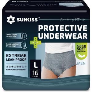 SUNKISS Incontinence Underwear for Men, Daytime Disposable Adult Pull Ups, Mens Protective Briefs with Maximum Absorbency, Large, Grey, 16 Count