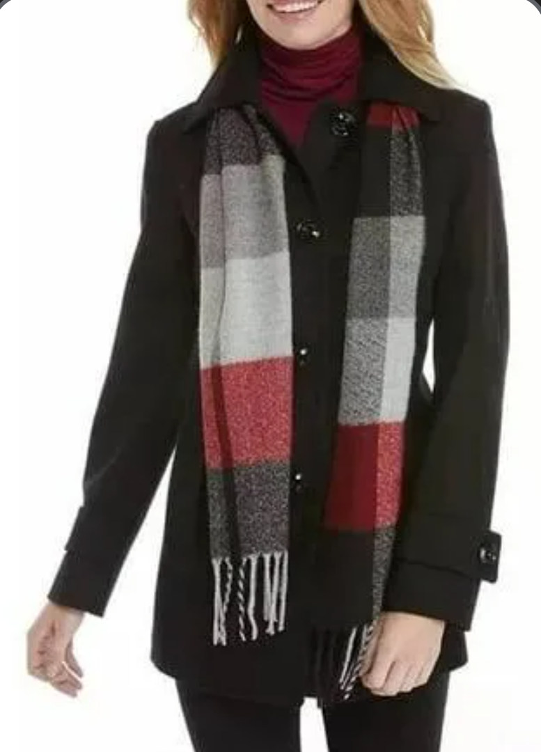 London Fog Woman Single - Breasted Peacoat With Scarf Pea Coat , Black, Large