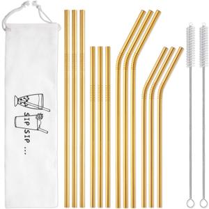 Hiware 12-Pack Gold Stainless Steel Straws Reusable with Case - Metal Drinking Straws for 30oz & 20oz Tumblers Dishwasher Safe, 2 Brushes Included