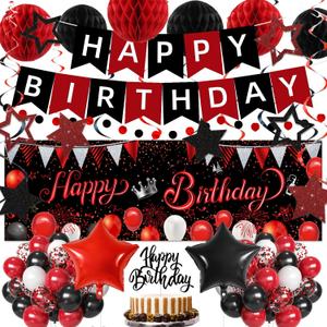 Red Black Birthday Decorations, Happy Birthday Banner, Backdrop, Balloons, Honeycomb Balls, Star Foil Balloons, Stars Hanging Swirls & Cake Topper for Baby Boys Girl Men Women Birthday Decoration