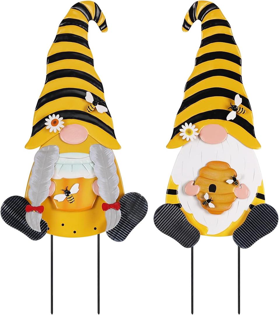 YEAHOME Metal Gnome Decorative Garden Stakes, 2 Pcs Outdoor Garden Decor with Honeybee Ornament Spring Decorations Yard Art Stakes for Indoor Outdoor Patio Lawn (Yellow & Orange)