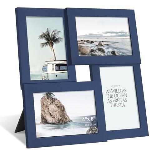SZYUU 4x6 Collage Picture Frame with Real Glass, 4 Opening Wooden Photo Collage Frame with Stand, Family Multi Picture Frame for Wall or Tabletop Display, 4 Photo Gallery Frame for Home Decor, Navy Blue
