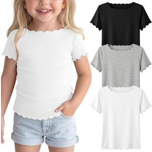 3 Pack Toddler Girls' Short Sleeve Tops | Baby, Cute, Tee, Crop, Lettuce Trim, Kids, T-shirt, Boat Neck, Blouse, Solid, Casual, Summer, Plain, Classic, Elegant