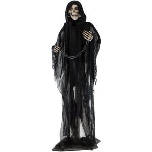 Haunted Hill Farm Life-Size Scary Grim Reaper with Chain, Halloween Animatronic with Touch Activated Lights and Sounds, Battery Operated Indoor or Covered Outdoor Halloween Decorations, Halloween Prop, 65"