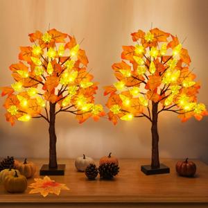 Fall Decor 2 Pack 24 Inch Prelit Fall Maple Tree with 48 LED Lights Battery Operated Timer Light Up Artificial Maple Acorn Tree for Fall Thanksgiving Tabletop Home Indoor Halloween Decor