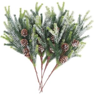 4 Pieces 14" Snowy Artificial Cypress Pine Needles Branches Fake Frosted Pine Picks Greenery Christmas Tree Sprays with Pinecones Stems for Holiday Seasonal Arrangement White Winter Dcor (4)